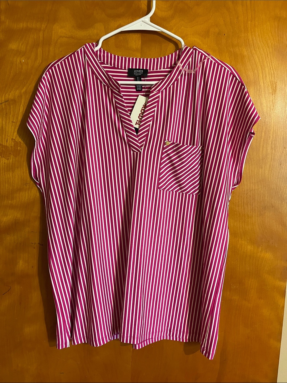 Jones New York Pink and White Striped Split V-Neck Tunic